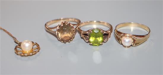 A 585 yellow metal and pearl ring, a 9ct gold and peridot ring, a similar topaz ring and a pearl flower pendant on fine chain